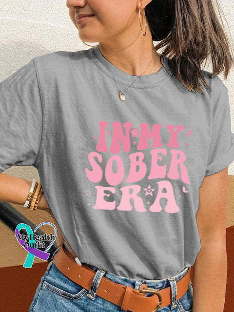 In My Sobriety Era Alcohol Awareness Print Casual Crew Neck Short Sleeve T-Shirt Grey / S