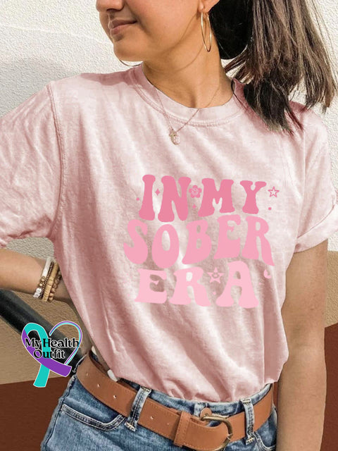 In My Sobriety Era Alcohol Awareness Print Casual Crew Neck Short Sleeve T-Shirt Pink / S