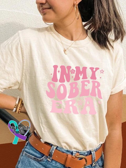 In My Sobriety Era Alcohol Awareness Print Casual Crew Neck Short Sleeve T-Shirt White / S