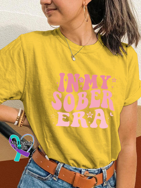 In My Sobriety Era Alcohol Awareness Print Casual Crew Neck Short Sleeve T-Shirt Yellow / S