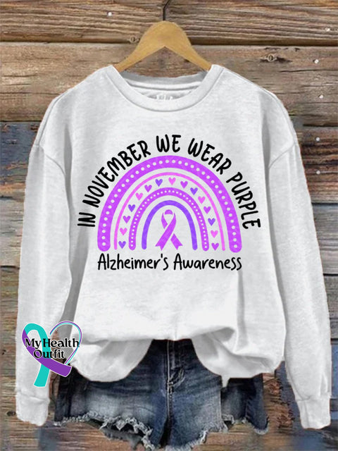 In November We Wear Purple Alzheimer Disease Awareness Print Casual Sweatshirt White / S