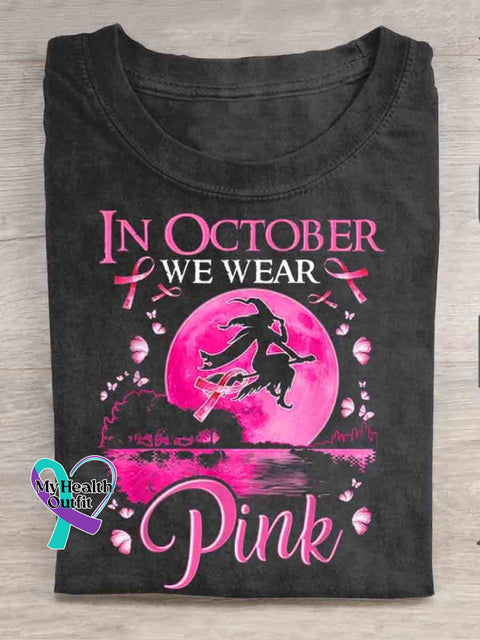 In October We Wear Pink Art Print Casual T-Shirt Black / S