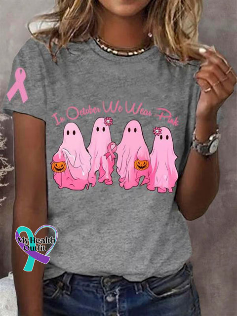 In October We Wear Pink Breast Cancer Awareness Art Print Causal T-Shirt Grey / S