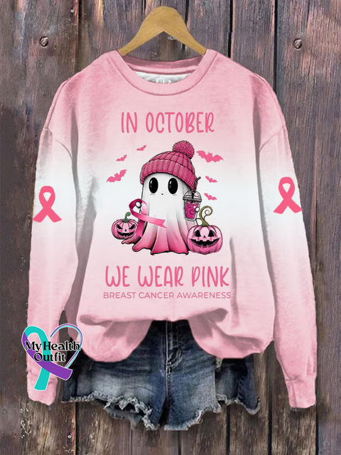 IN OCTOBER WE WEAR PINK Breast Cancer Awareness Ghost Art Sweatshirt Multicolor / S