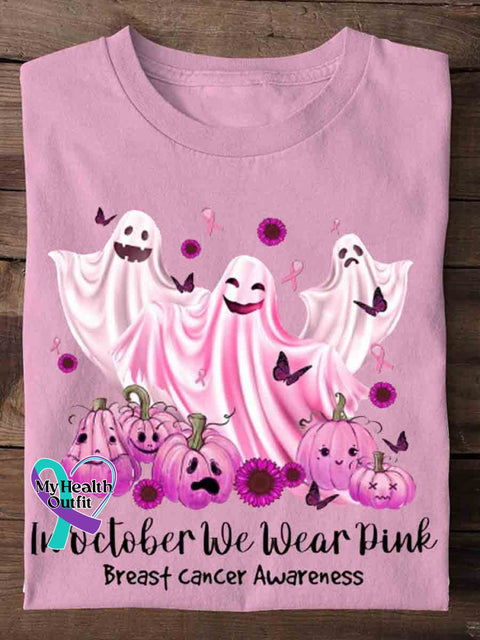 In October We Wear Pink Breast Cancer Awareness Halloween Art Print Casual T-Shirt / S