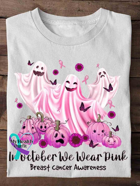 In October We Wear Pink Breast Cancer Awareness Halloween Art Print Casual T-Shirt White / S