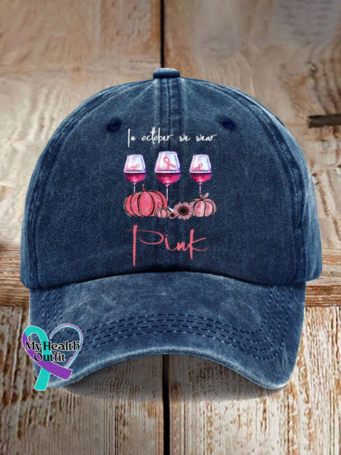 In October We Wear Pink Breast Cancer Awareness Print Baseball Cap Navy / One-Size