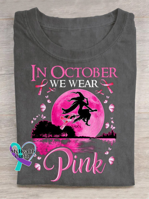 In October We Wear Pink Breast Cancer Halloween T-Shirt Grey / S