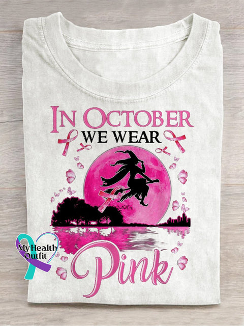 In October We Wear Pink Breast Cancer Halloween T-Shirt White / S
