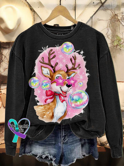 Iridescent Reindeer Christmas Casual Sweatshirt Black / S