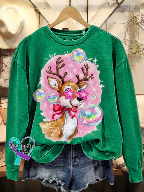 Iridescent Reindeer Christmas Casual Sweatshirt Green / S