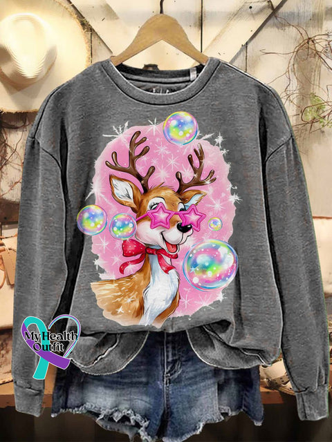 Iridescent Reindeer Christmas Casual Sweatshirt Grey / S