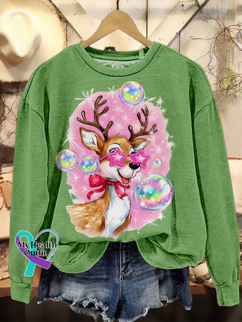 Iridescent Reindeer Christmas Casual Sweatshirt Lightgreen / S