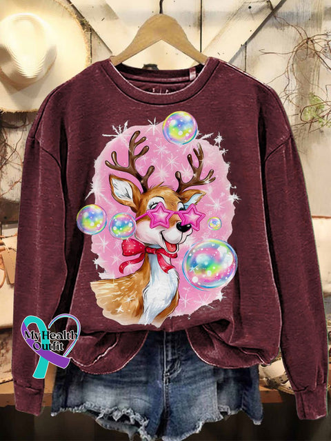 Iridescent Reindeer Christmas Casual Sweatshirt Maroon / S
