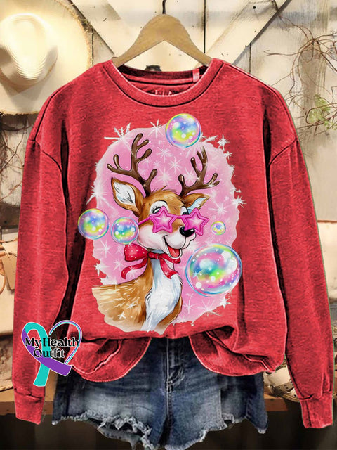 Iridescent Reindeer Christmas Casual Sweatshirt Red / S