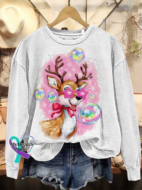 Iridescent Reindeer Christmas Casual Sweatshirt White / S