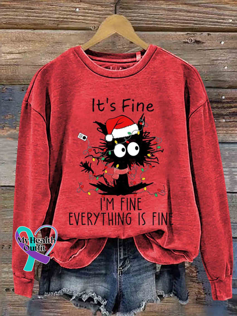 It’s Fine I’m Black Cat Christmas Tree Print Casual Sweatshirt Red / S