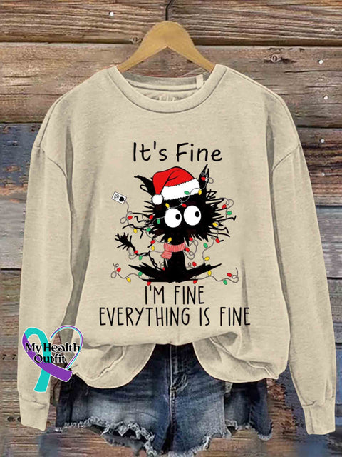 It’s Fine I’m Black Cat Christmas Tree Print Casual Sweatshirt Sand / S