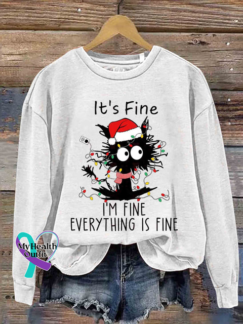 It’s Fine I’m Black Cat Christmas Tree Print Casual Sweatshirt White / S