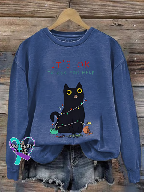 It’s Ok To Ask For Help Christmas Cat Print Casual Sweatshirt Blue / S