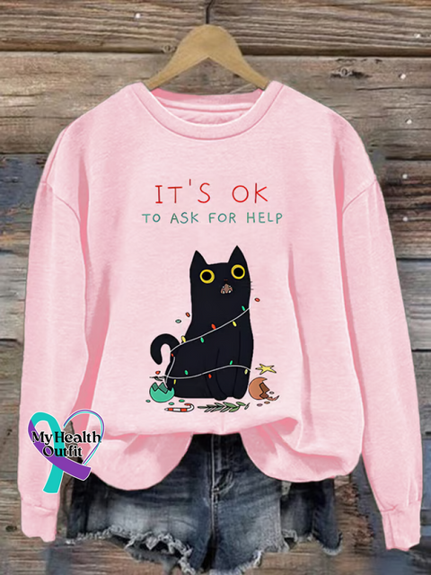 It’s Ok To Ask For Help Christmas Cat Print Casual Sweatshirt Pink / S