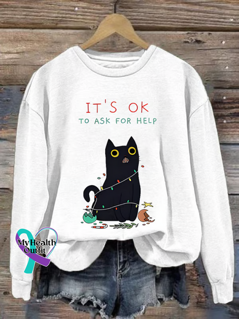 It’s Ok To Ask For Help Christmas Cat Print Casual Sweatshirt White / S