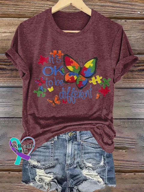 Its OK To Be Different Puzzle Butterfly Autism Awareness T-shirt Red / S