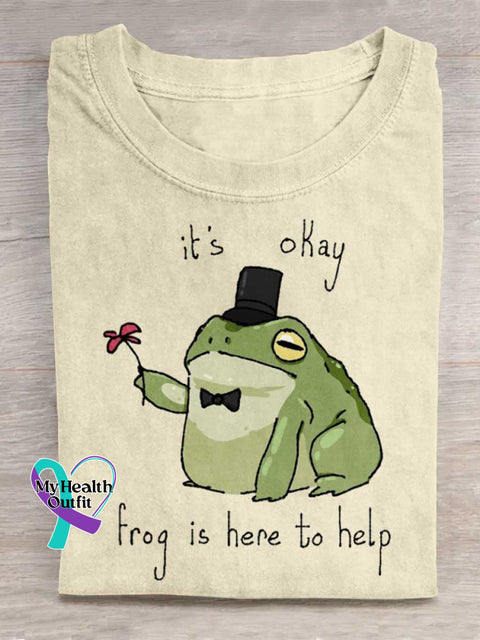 It’s Okay Frog Is Here To Help Art Print Casual T-shirt Apricot / S