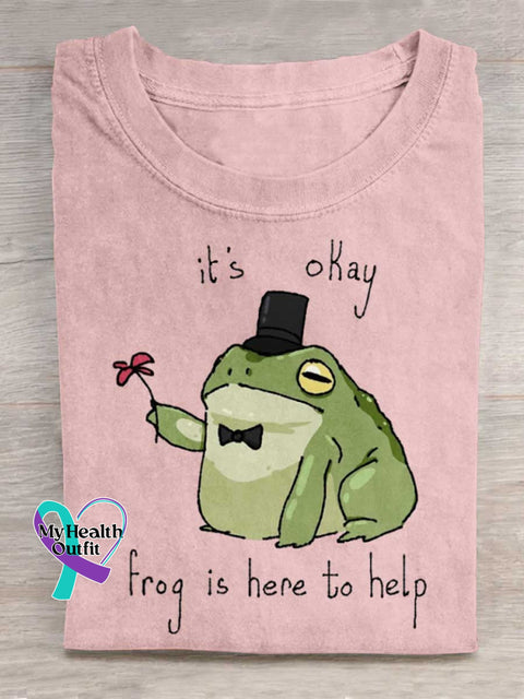 It’s Okay Frog Is Here To Help Art Print Casual T-shirt Pink / S