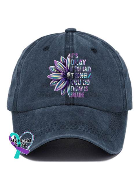 It’s Okay If The Only Thing You Do Today Is Breathe Sunflower Print Casual Baseball Cap Navy /