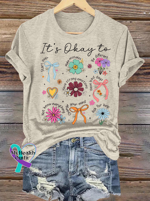 It’s Okay To Be Everything Floral Print Casual Crew Neck Short Sleeve T-Shirt Beige / S