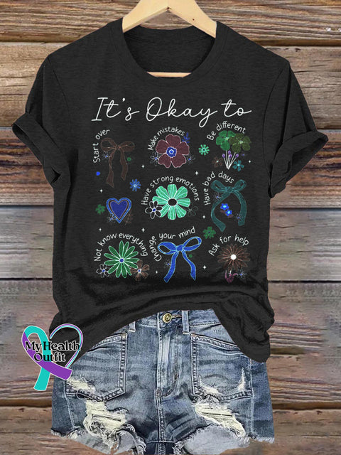 It’s Okay To Be Everything Floral Print Casual Crew Neck Short Sleeve T-Shirt Black / S