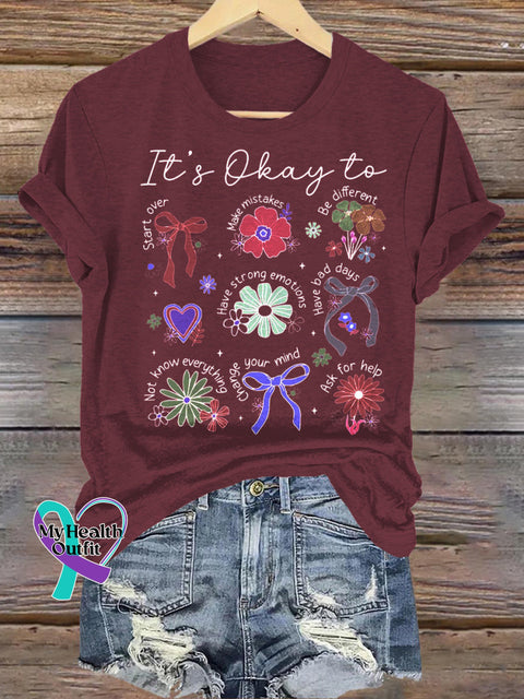 It’s Okay To Be Everything Floral Print Casual Crew Neck Short Sleeve T-Shirt Brown / S