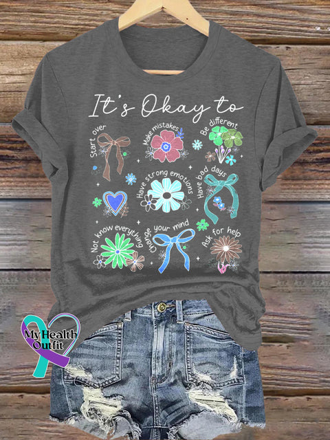 It’s Okay To Be Everything Floral Print Casual Crew Neck Short Sleeve T-Shirt Grey / S