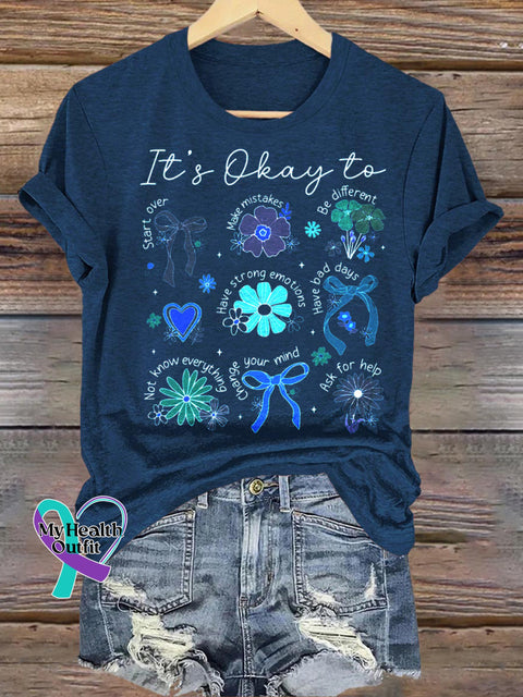 It’s Okay To Be Everything Floral Print Casual Crew Neck Short Sleeve T-Shirt NavyBlue / S