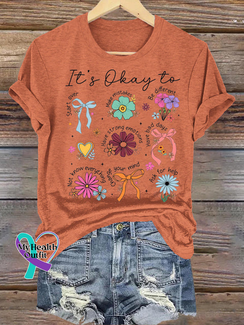 It’s Okay To Be Everything Floral Print Casual Crew Neck Short Sleeve T-Shirt Orange / S