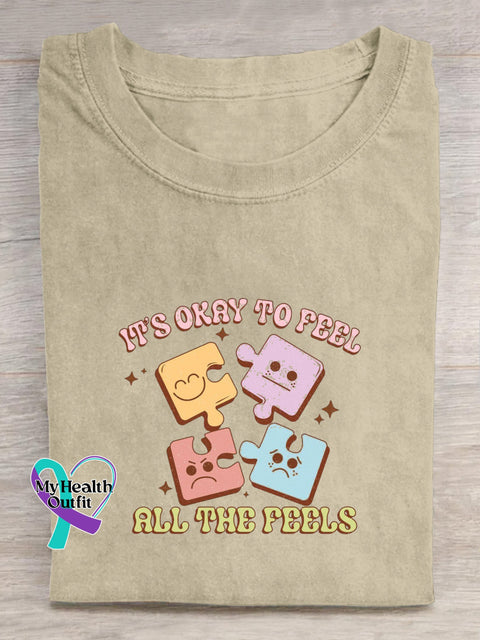 It’s Okay To Feel All The Feels Printed Casual Crew Neck Short Sleeve T-Shirt Beige / S
