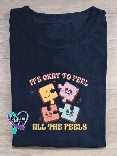 It’s Okay To Feel All The Feels Printed Casual Crew Neck Short Sleeve T-Shirt NavyBlue / S
