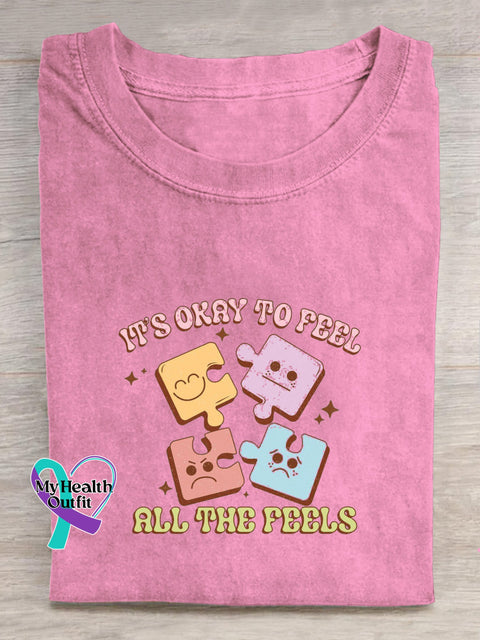 It’s Okay To Feel All The Feels Printed Casual Crew Neck Short Sleeve T-Shirt Pink / S