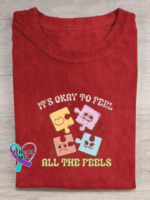 It’s Okay To Feel All The Feels Printed Casual Crew Neck Short Sleeve T-Shirt Red / S