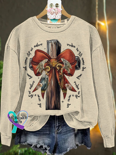 Jesus Christmas Bow Glitter Casual Sweatshirt Sand / S