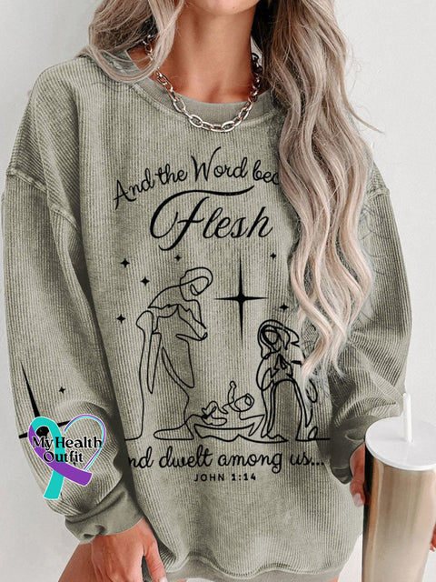 Jesus Christmas Come Let Us Adore Him Nativity Scene Women’s Casual Print Corduroy Sweatshirt