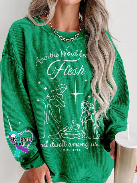 Jesus Christmas Come Let Us Adore Him Nativity Scene Women’s Casual Print Corduroy Sweatshirt