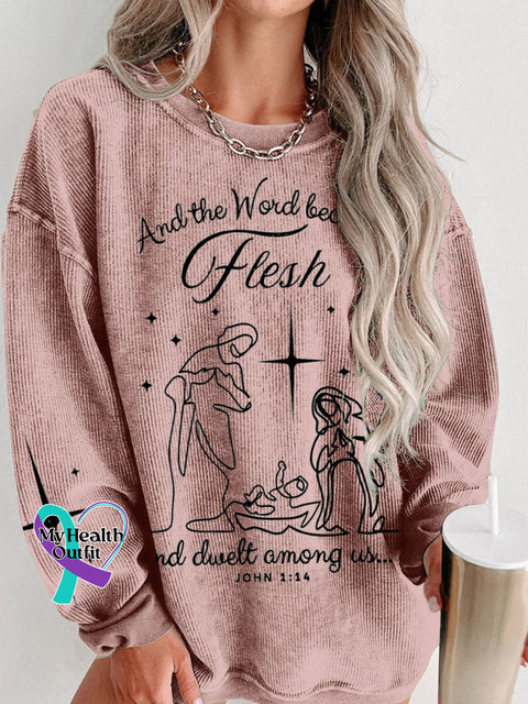 Jesus Christmas Come Let Us Adore Him Nativity Scene Women’s Casual Print Corduroy Sweatshirt