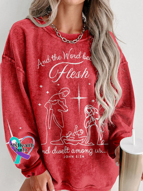 Jesus Christmas Come Let Us Adore Him Nativity Scene Women’s Casual Print Corduroy Sweatshirt Red