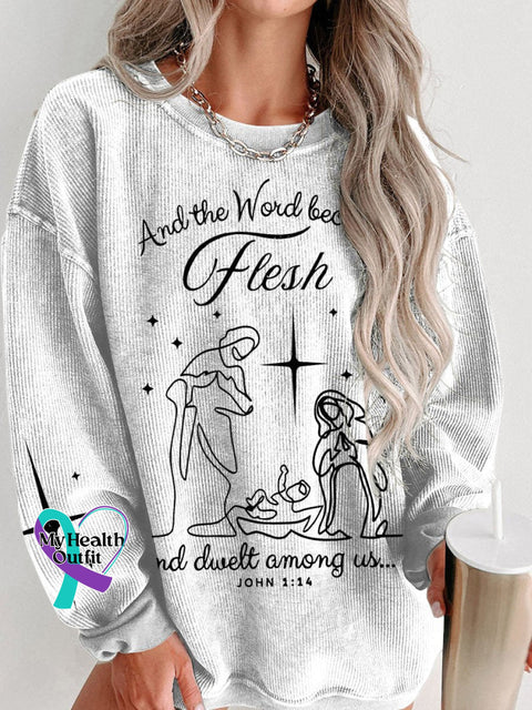 Jesus Christmas Come Let Us Adore Him Nativity Scene Women’s Casual Print Corduroy Sweatshirt