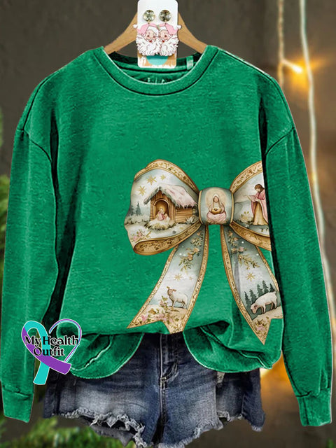 Jesus Christmas Coquette Bow Casual Sweatshirt Green / S