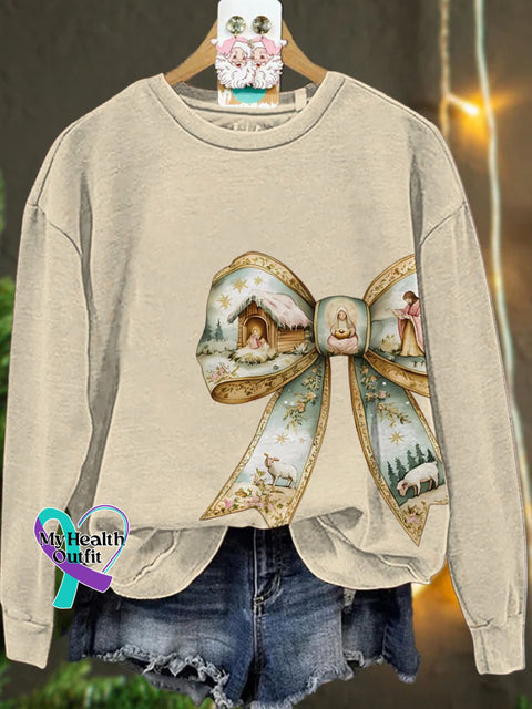 Jesus Christmas Coquette Bow Casual Sweatshirt Sand / S
