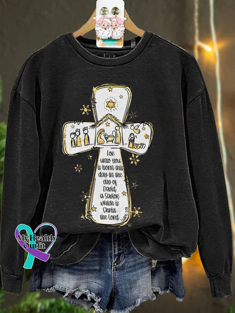 Jesus Christmas Cross Nativity Scene Oh Holy Night Casual Sweatshirt Black / S