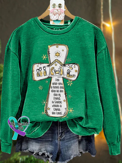 Jesus Christmas Cross Nativity Scene Oh Holy Night Casual Sweatshirt Green / S